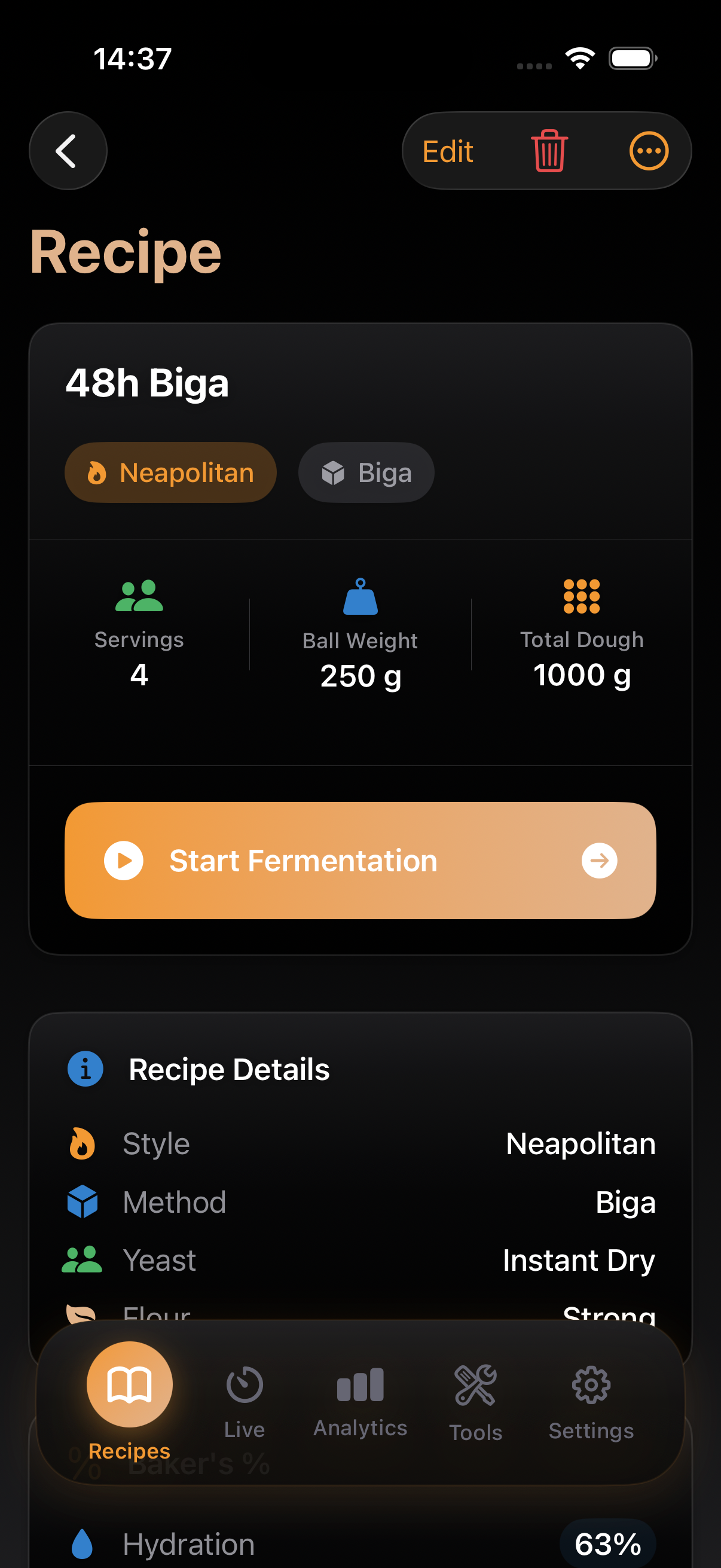 Recipe View showing detailed recipe information