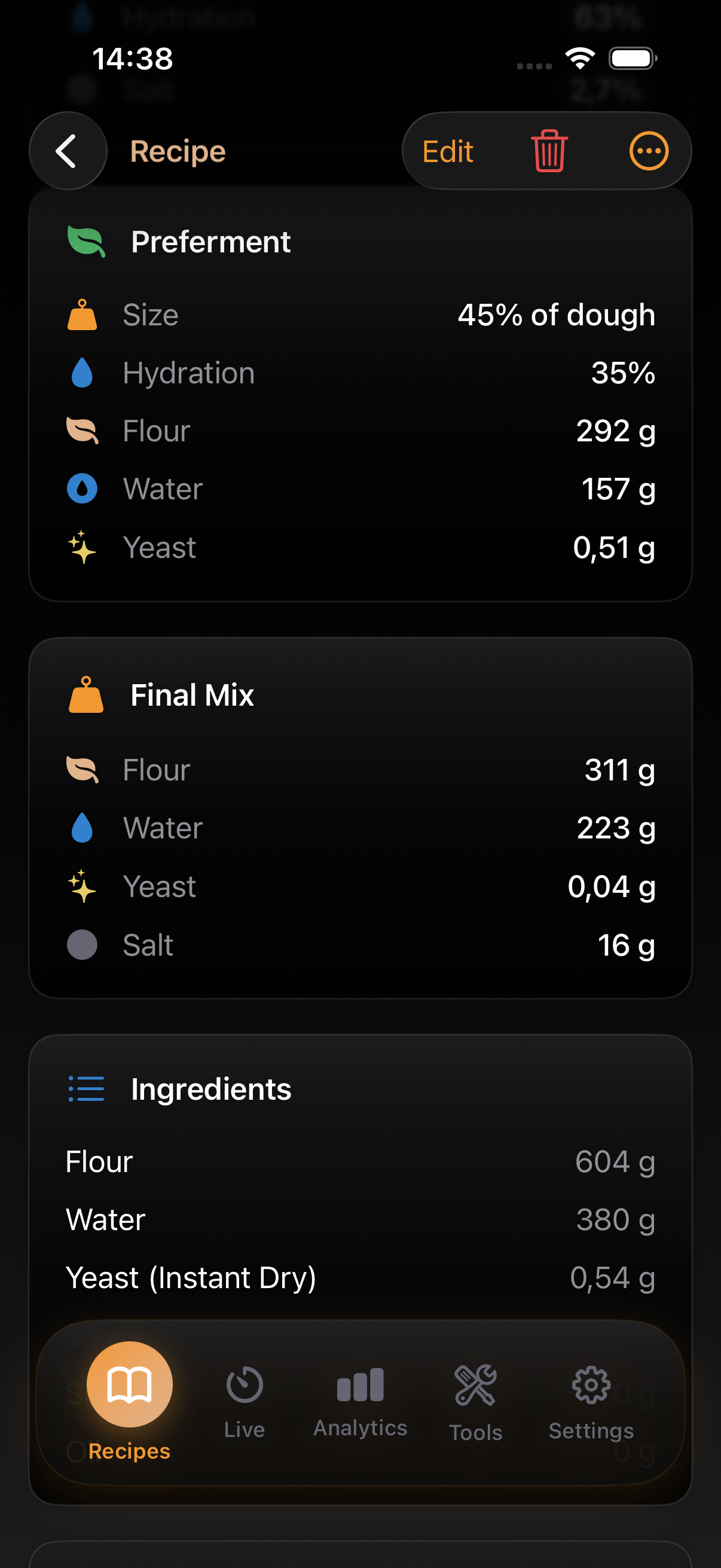 Recipe Details showing complete recipe information and history