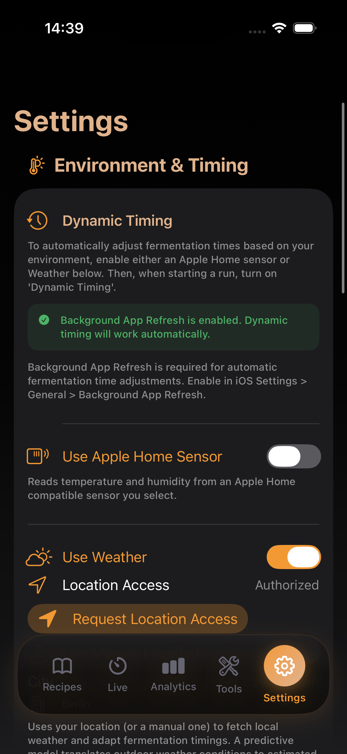 App Settings showing customization options for units, notifications, and more